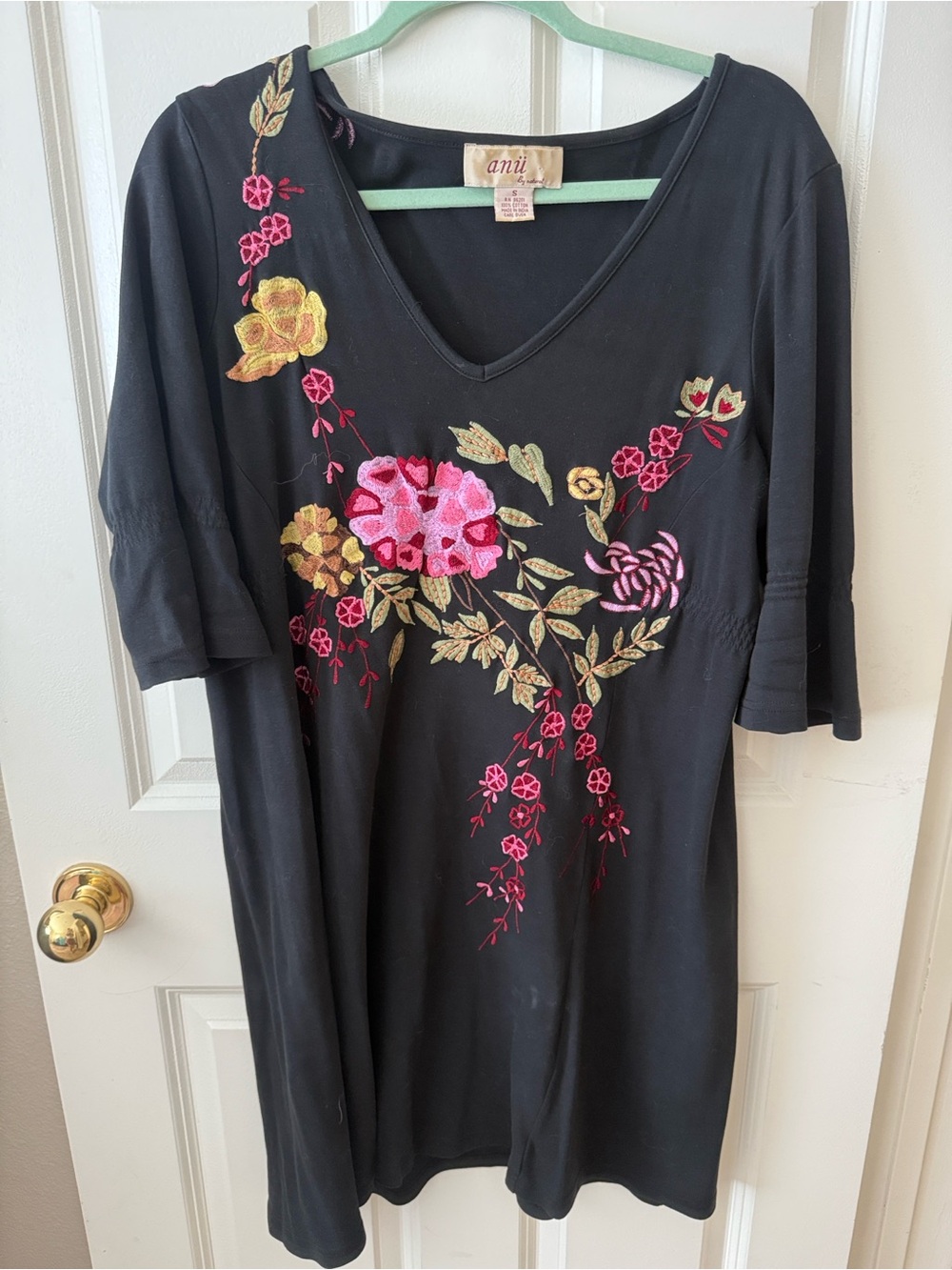 Anu Black V-Neck Boutique Dress with Pink & Gold Floral Embroidery